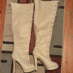 Fashion Nova Cream Over the Knee Lace-Up Boots
